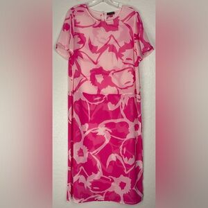 Vince‎ Camuto Sheer Barbie Pink White Maxi Cover Up Short Sleeve M 0635